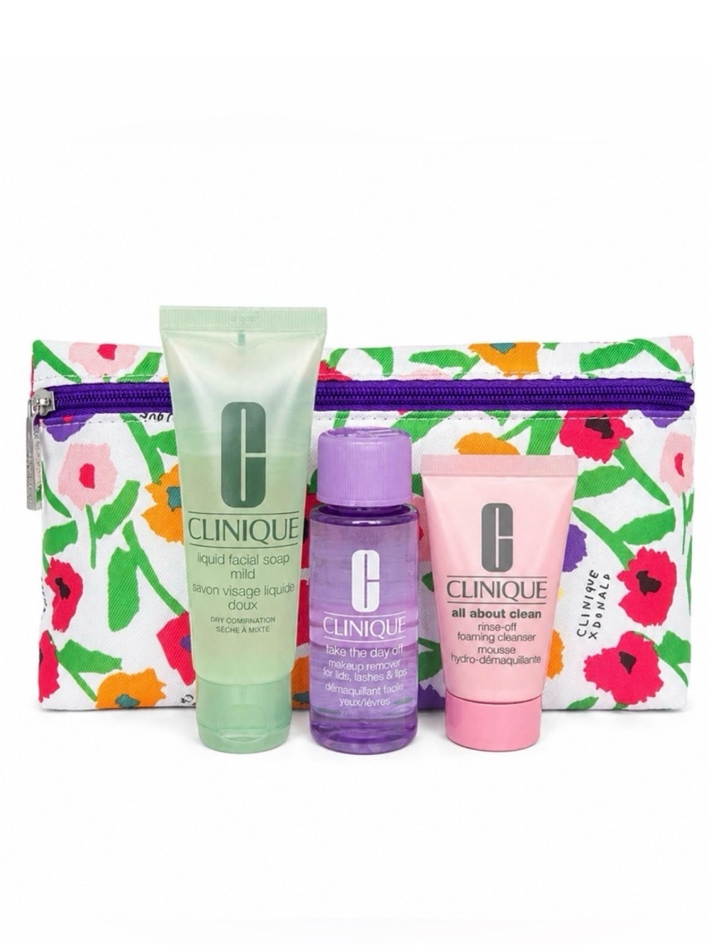 Clinique 4 Pc Travel Skincare Set Floral Cosmetic Bag